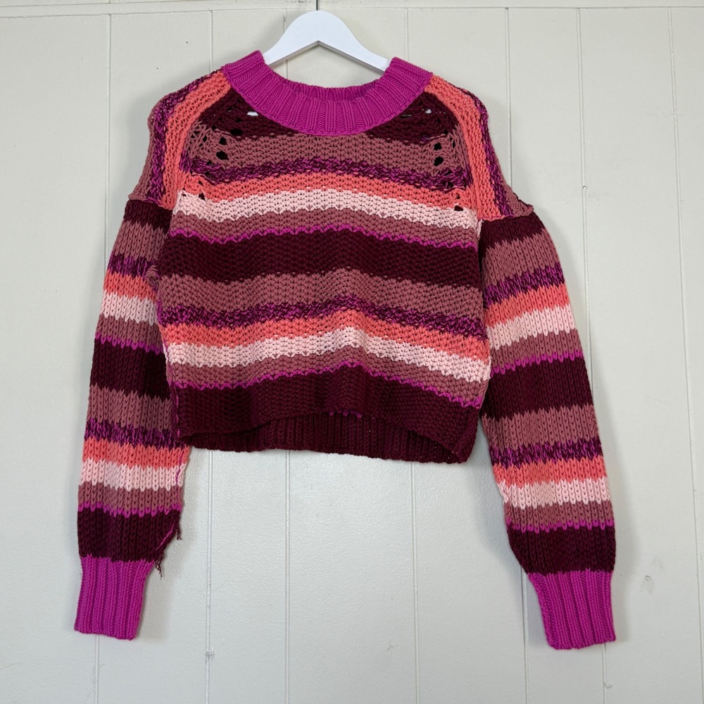Free People Womens Devon Striped Chunky Knit Cropped Sweater Size‎ S Boho Hippie